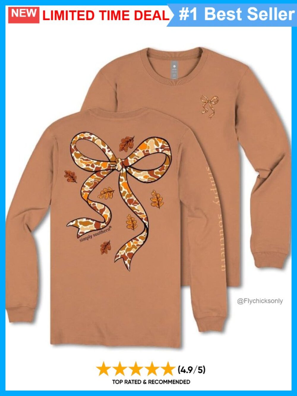Simply Southern Long Sleeve Tee Camo Bow Leaf Print Crew Neck Fall